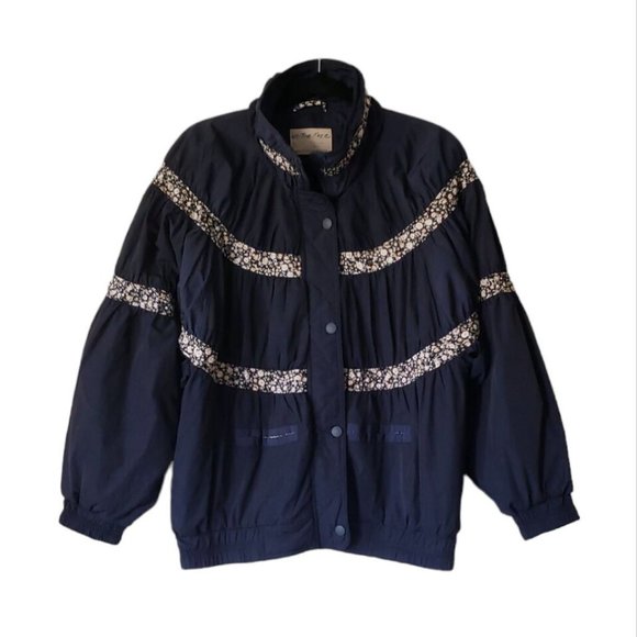 Free People Women's On My Mind Floral Full-Zip Bomber Retro Jacket Navy Sz Small - Picture 6 of 12